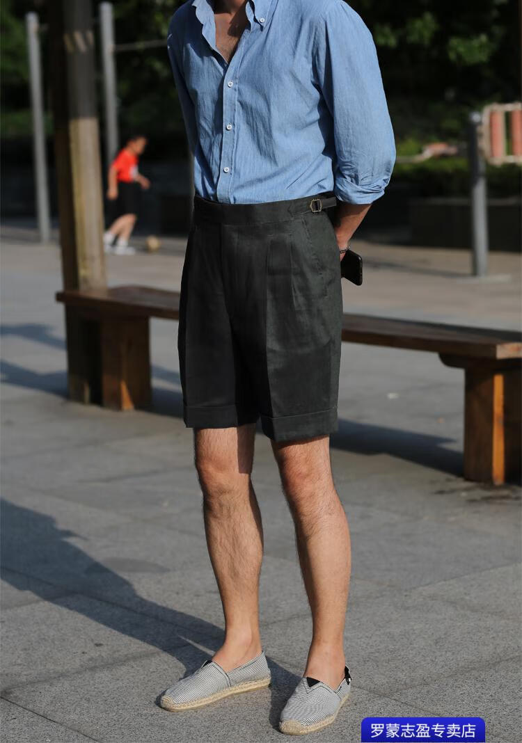 罗蒙(romon)轻奢夏季亚麻那不勒斯高腰短裤男欧美复古英伦风双褶宽松