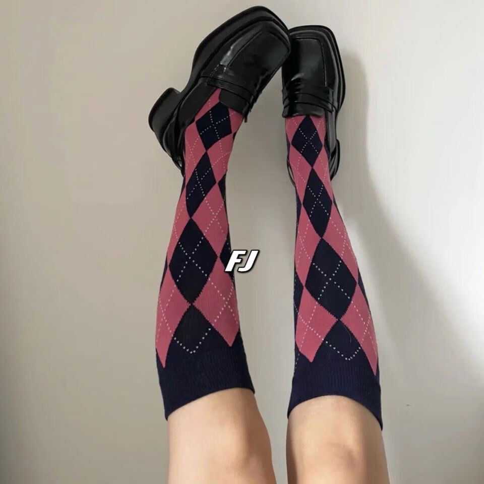 黑白菱格袜子女及膝袜jk少女小腿袜韩国学院风百搭网红靴袜潮y黑白菱