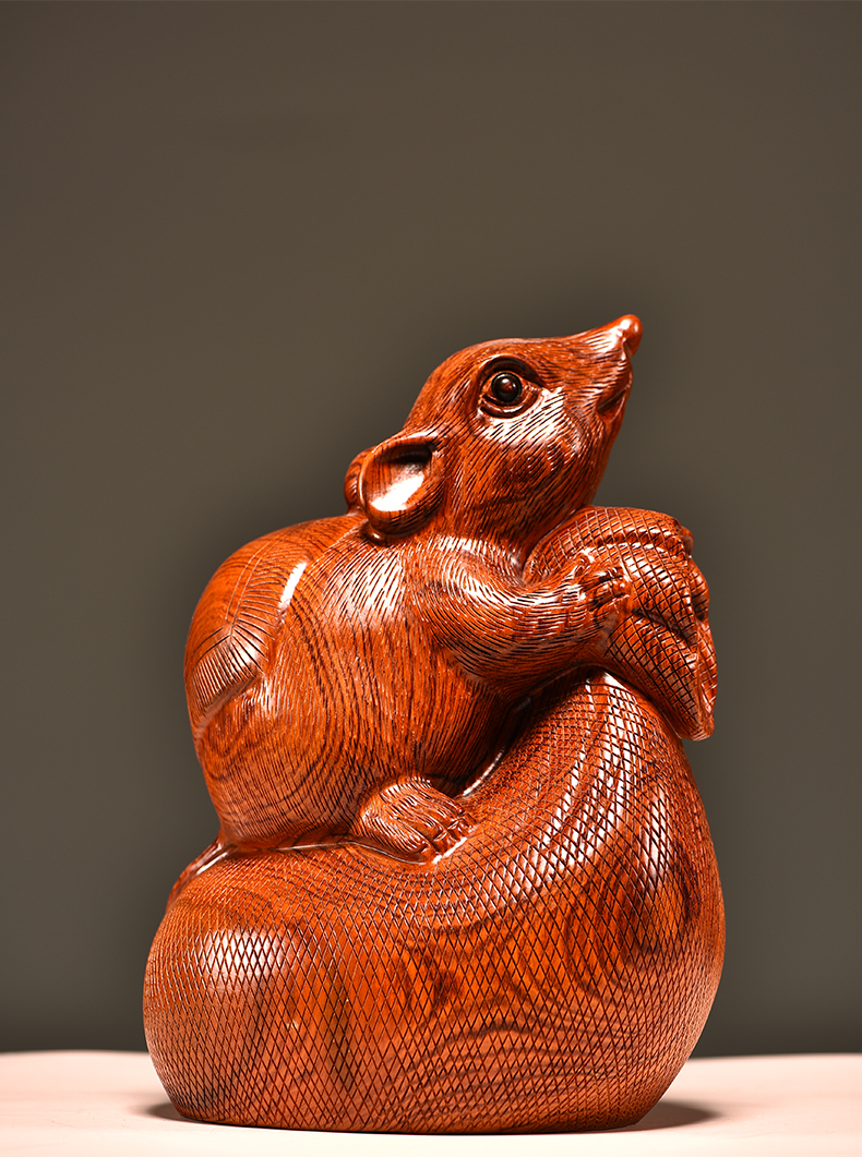 嘉鑫辉煌花梨实木布袋鼠十二生肖老鼠摆件家居客厅玄关办公装饰工艺品