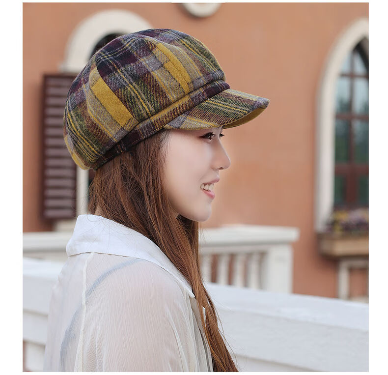 女韩版春秋冬款彩格呢子帽画家八角帽报童帽妈妈帽四季帽遮阳帽黄咖