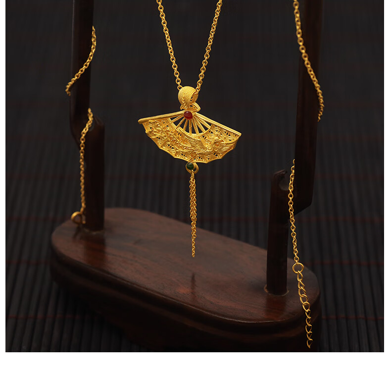 老凤凰 古法黄金项链女祥足金999扇子吊坠古法花丝凤凰吊坠结婚订婚金