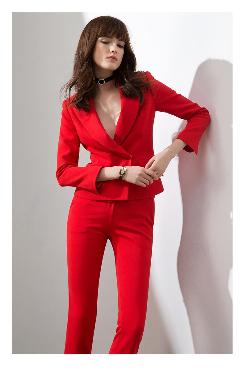 艾尚臣婚礼司仪主持人套装女西服气质时尚显瘦女神范红色西装阔腿裤