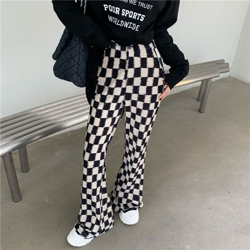 格裤子女春秋小个子高腰显瘦休闲长裤网红宽松直筒阔腿裤新款格子裤l