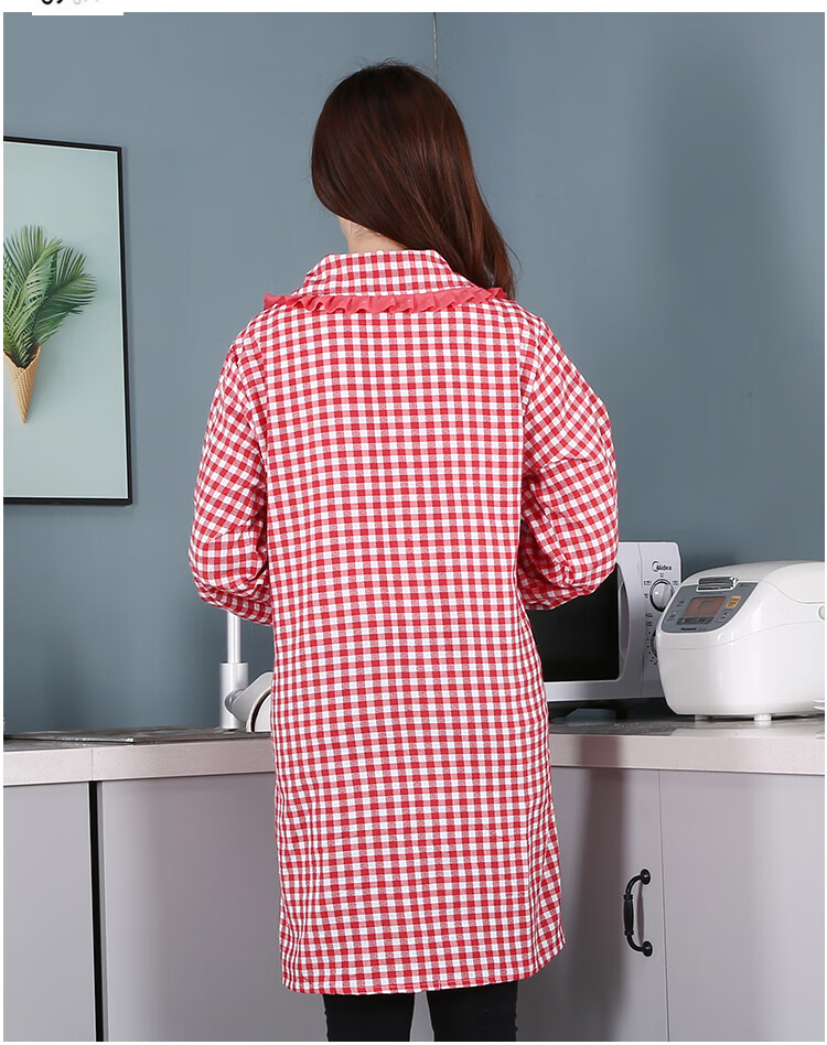 干活穿的衣服罩衣女夏大人长袖家用厨房款围裙工作服女正穿纯棉花边带