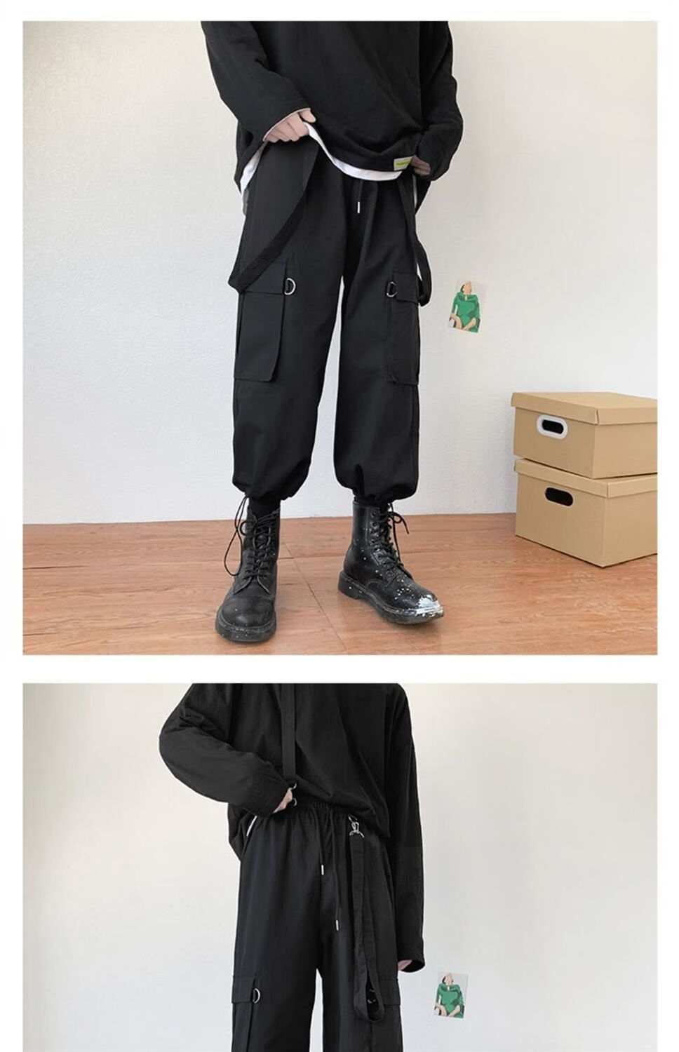 黑暗系男装秋冬季背带工装裤子男配马丁靴的日系休闲长裤916黑色l