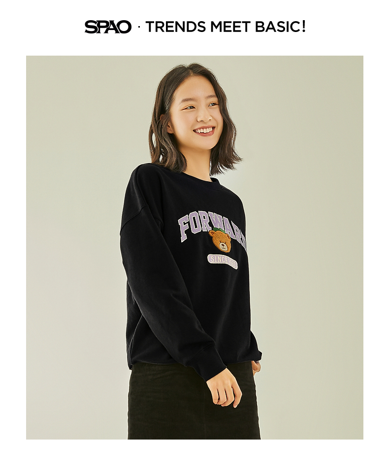 spao女装春秋季款coco小熊刺绣圆领上衣简约纯色舒适套头卫衣女 黑色