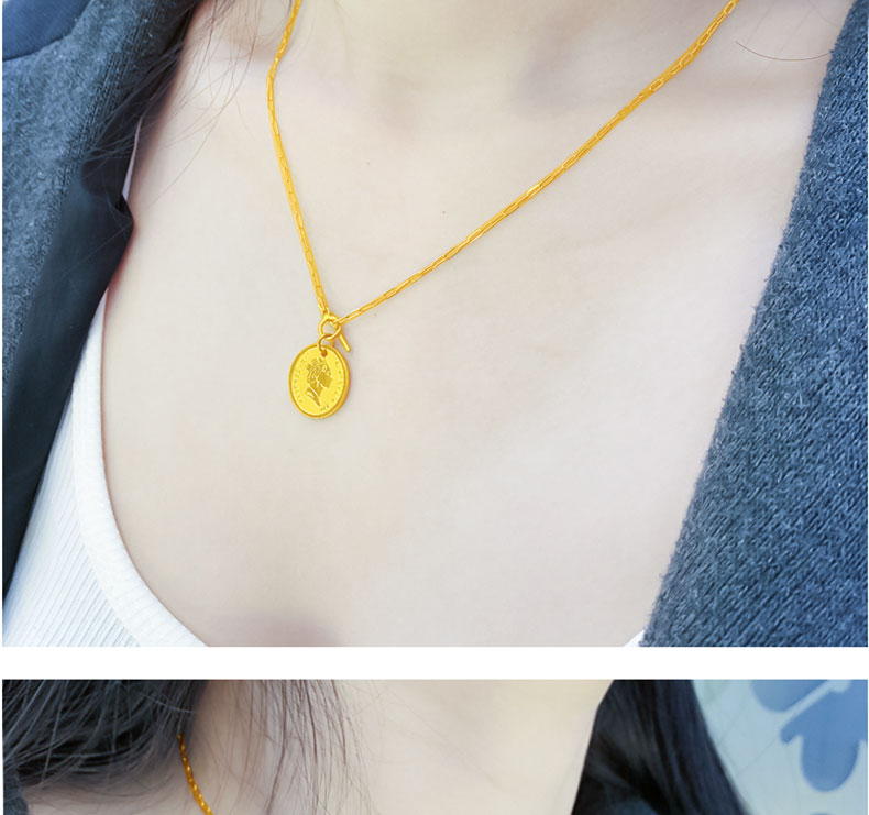老凤凰 黄金项链女999足金女王头像优雅气质金币圆牌锁骨链ins颈链
