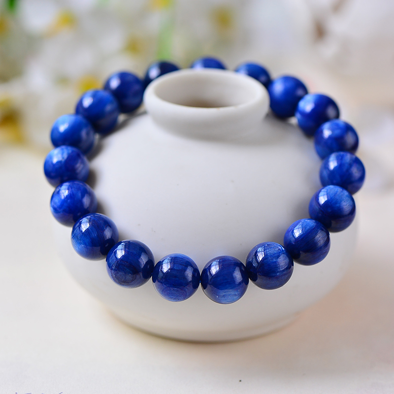 天然猫眼蓝晶石手链天然水晶蓝色水晶手链圆珠手链女款珠径107mm重