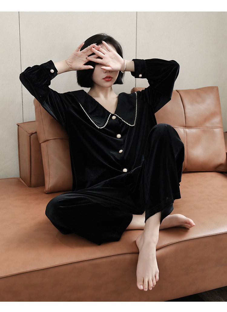 莫代尔睡衣女法式金丝绒翻领长袖套装翻领女士可外穿家居服套装黑色l