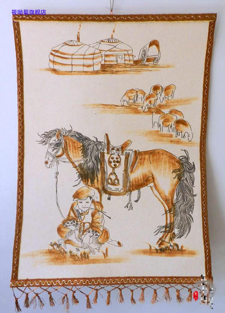 筱呦菊烫毡画内蒙古工艺品成吉思汗挂画轴蒙古包餐厅装饰毛毡烙画八骏