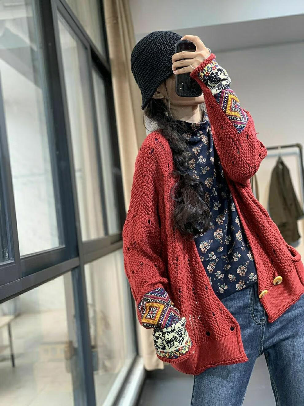 复古民族风印花贴布宽松休闲针织百搭开衫毛衣女灰卡外套l115130斤