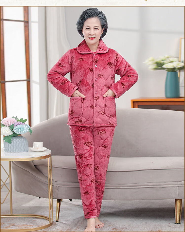 心霞老年人睡衣女珊瑚绒妈妈家居服加绒老太太冬装法兰绒奶奶三层夹棉