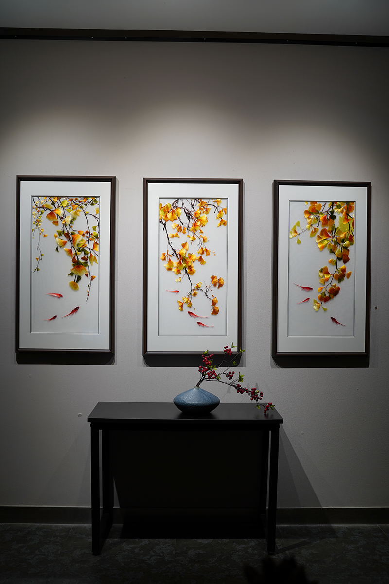 新中式风格轻奢美好寓意银杏九鱼纯手工刺绣带框玄关客厅成品挂画闪康