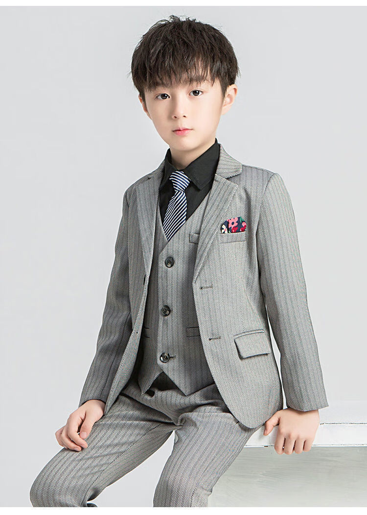 花童礼服男小孩演讲帅气演出服松紧 黑色(外套加绒款)5件套(含领带)
