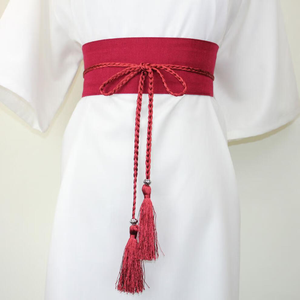 新品腰封女yq自制双流苏款酒红色腰封纯色棉麻日式和服腰封古风汉服