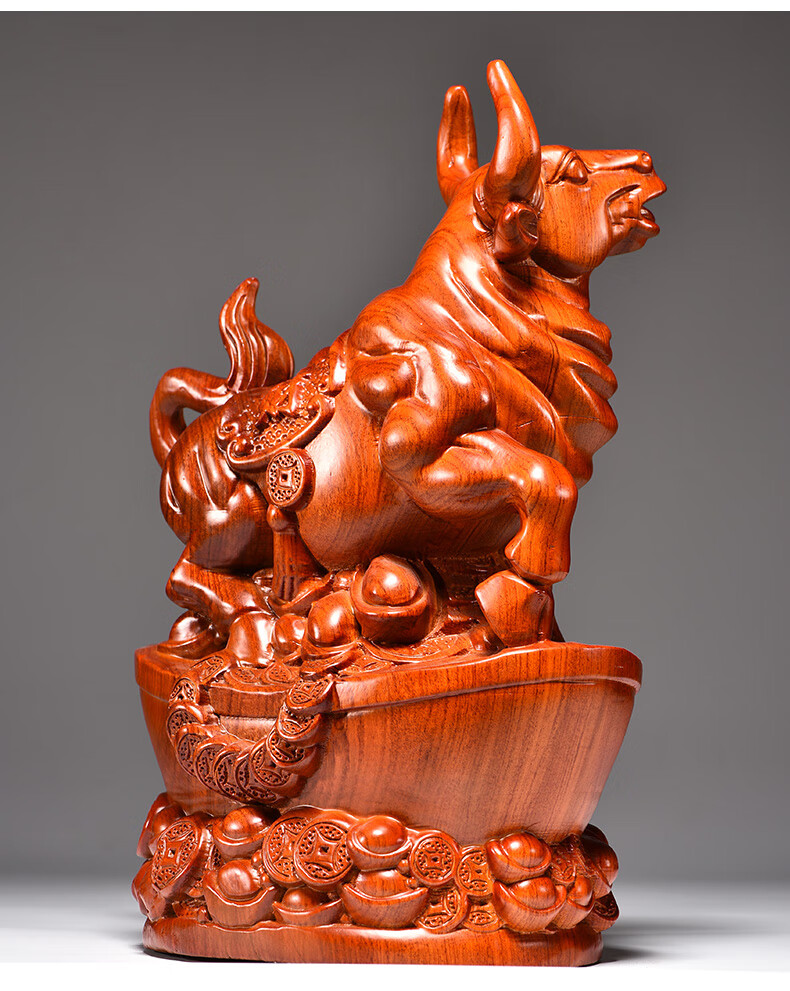 思古黄花梨木雕牛摆件实木雕刻动物十二生肖华尔街牛工艺品摆设木质