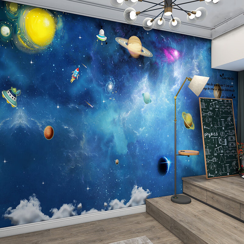 儿童房壁纸幼儿园星空卧室背景墙纸卡通太空男孩房间墙布壁画18d水晶