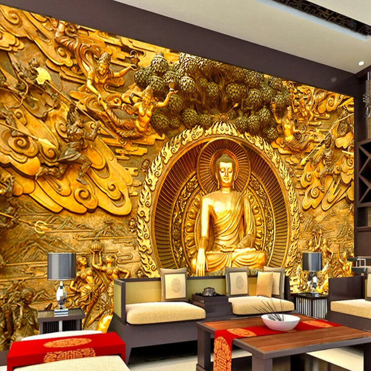 寺庙背景墙纸佛堂酒店饭店佛祖壁画墙布瑜伽馆佛像壁纸释迦牟尼佛整张