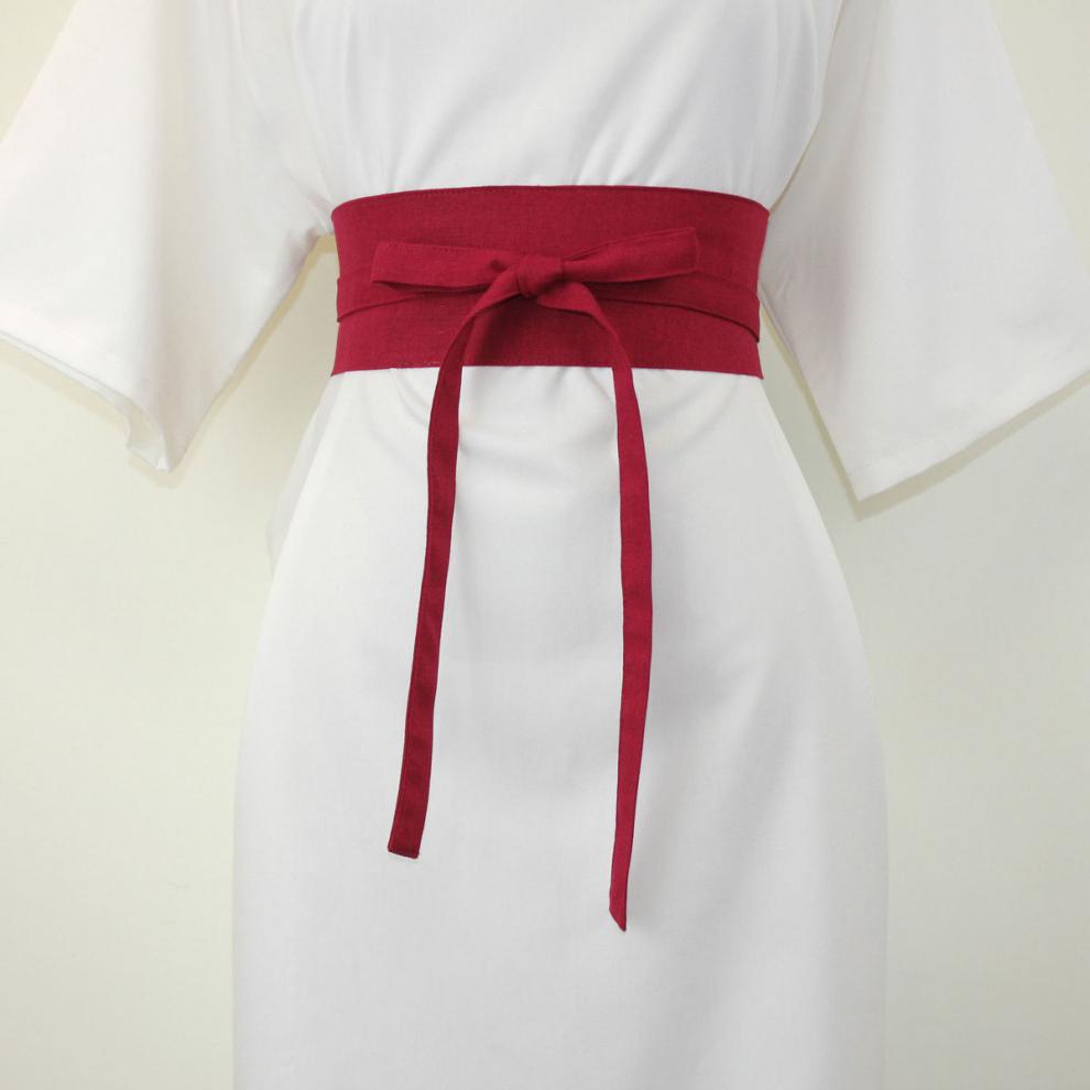 新品腰封女yq自制双流苏款酒红色腰封纯色棉麻日式和服腰封古风汉服