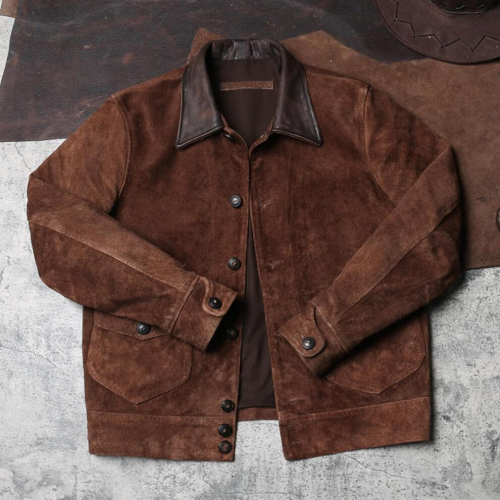 真眞皮皮衣反绒皮衣男士翻领外套复古皮夹克头层翻毛牛皮棕褐色m