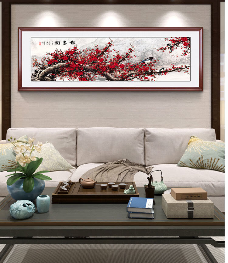 傲骨梅花装饰画挂画客厅壁画中式沙发背景墙红梅报春图国画图案画框可