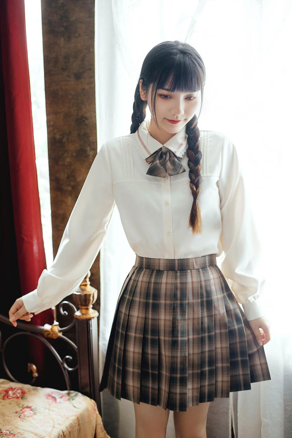 御茶家原创米色蕾丝领衬衫jk制服女百搭基础款秋冬季现货米色蕾丝领