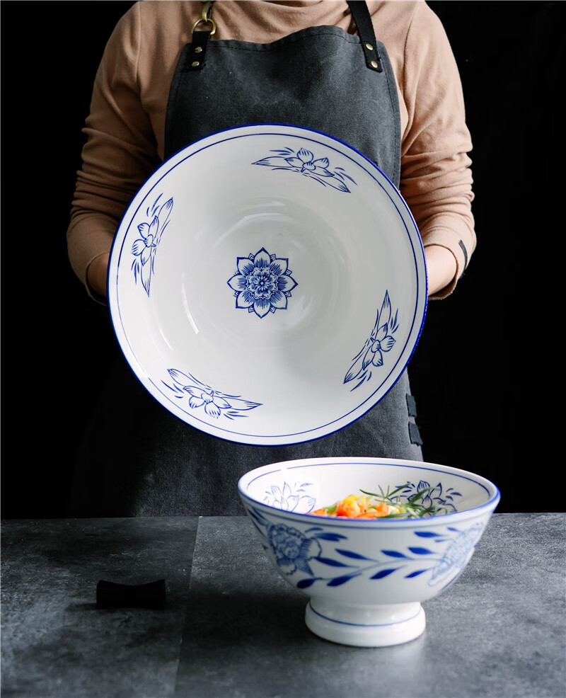 高脚陕西油泼面莲花大碗宽面碗中式面馆专用定制超大10寸西安面碗荷花