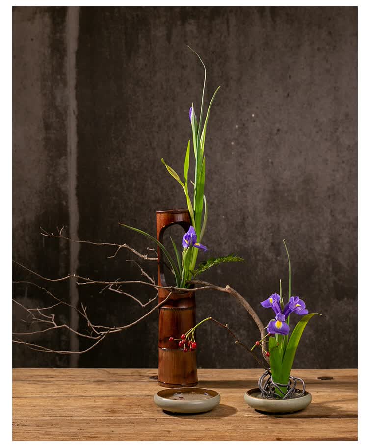 竹筒竹根花篮竹制品插花器中华花艺花器茶席家居摆设双格竹筒大号无