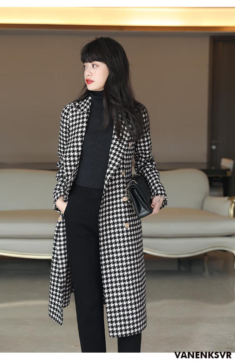 梵恩萨vanenksvr轻奢品牌千鸟格双面羊毛呢大衣女隐约带闪太美太洋气