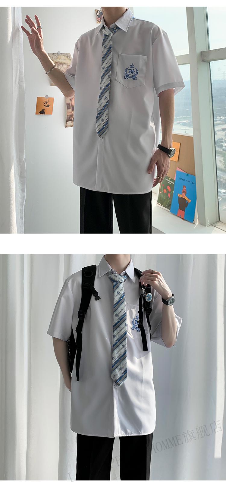 拉夏贝尔品牌男装dk制服男生夏季全套短袖刺绣领带白衬衫原创学生套装