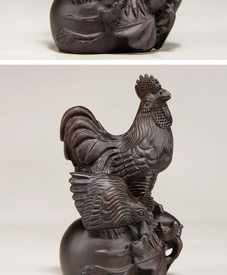 匠令黑檀实木雕刻全家福摆件木头根雕十二生肖公鸡母鸡创新疆西藏专链