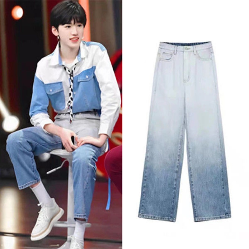 时代少年团宋亚轩同款裤子潮流直筒长裤渐变牛仔裤男女宽松高腰 浅