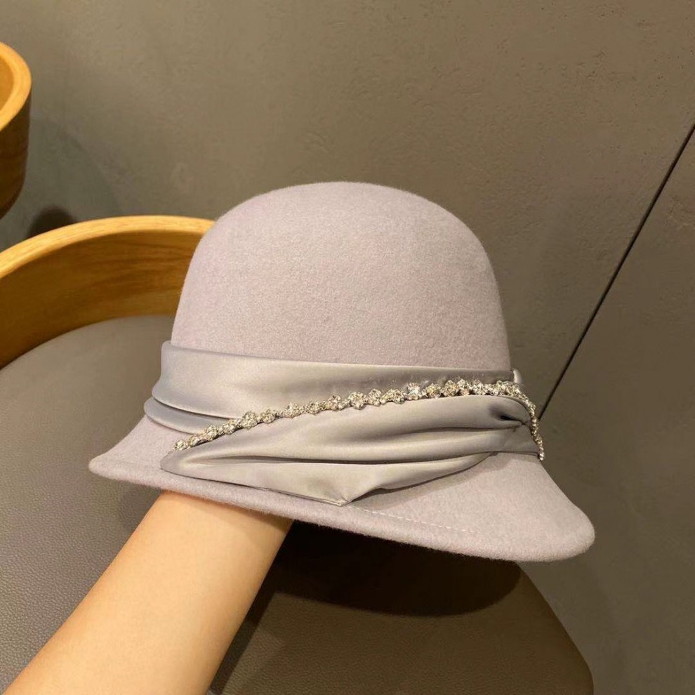 水钻帽子秋冬季新款定型礼帽羊毛软帽保暖女时尚优雅知性米色