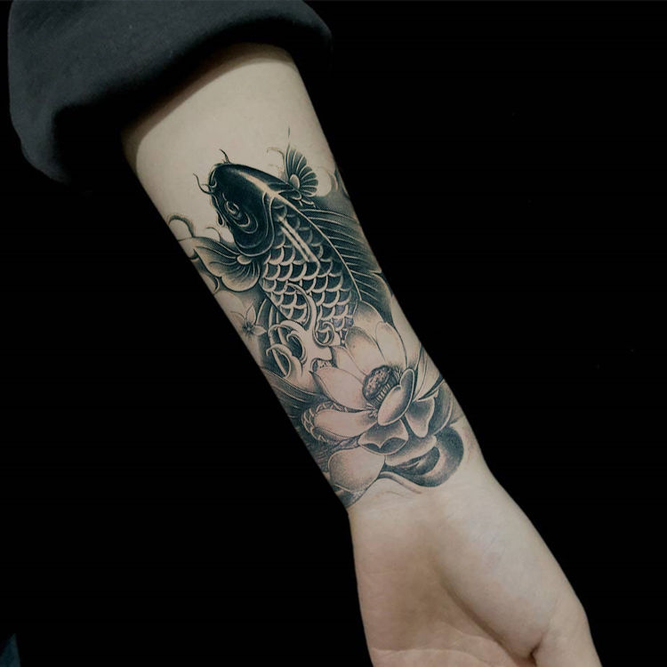 纹身贴草本锦鲤莲花富贵鱼防水纹身贴男女鲤鱼锦鲤手臂仿真花臂小腿
