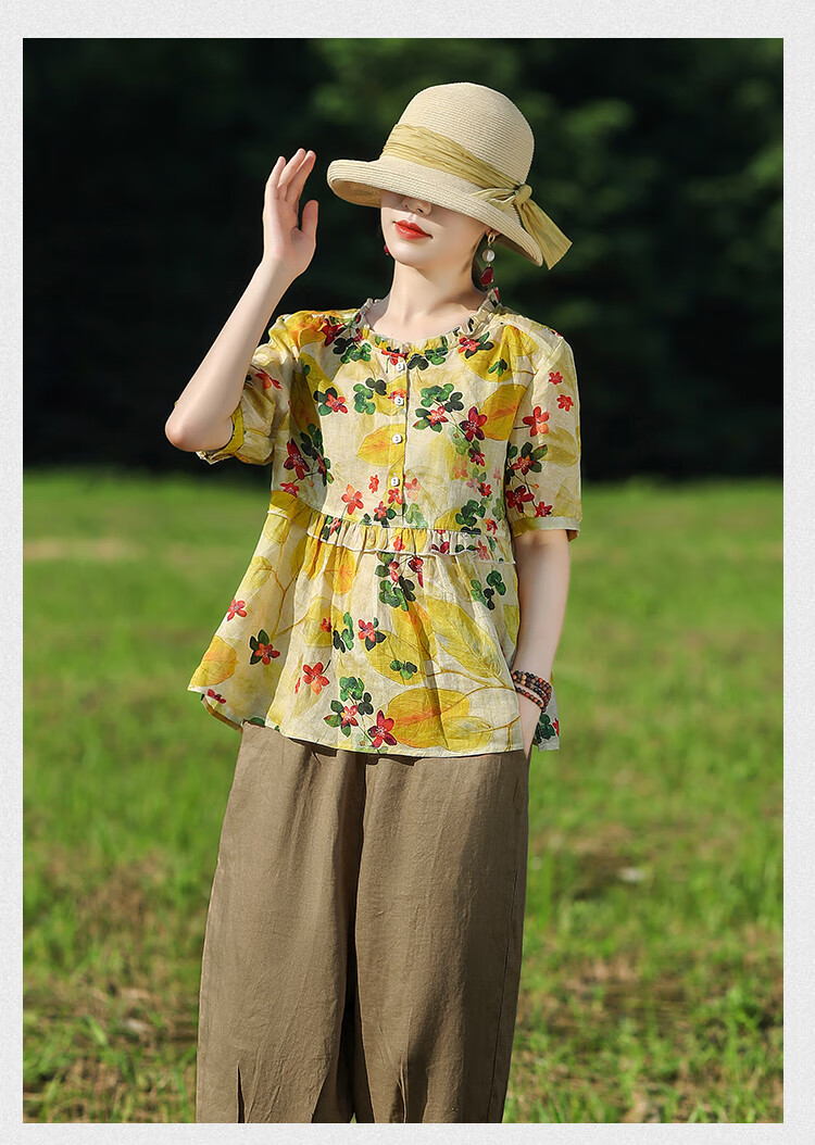 素订女装棉麻旗舰店2022新款短袖高端苎麻两时尚洋气减龄套装 藏青色