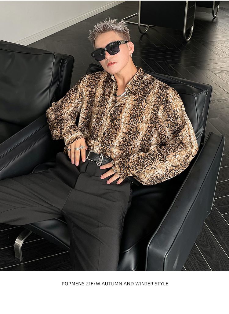 男装新品感痞帅ins蛇皮纹衬衫男长袖韩版宽松垂感个性上衣黄色s