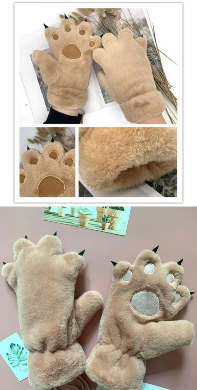 猫爪手套绒质冬儿童熊爪手套男女亲子款可爱毛绒保暖兽爪加厚学生hw