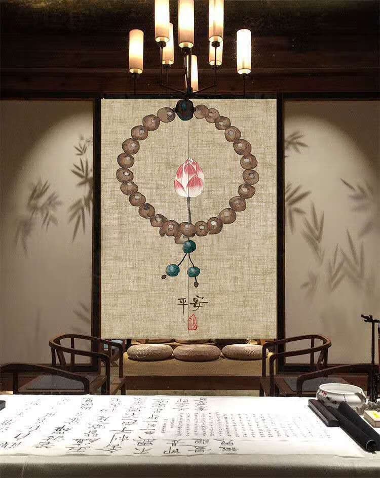 门帘中式禅意复古风布艺挂帘免打孔门帘民宿茶室装饰隔断帘厕所遮挡帘