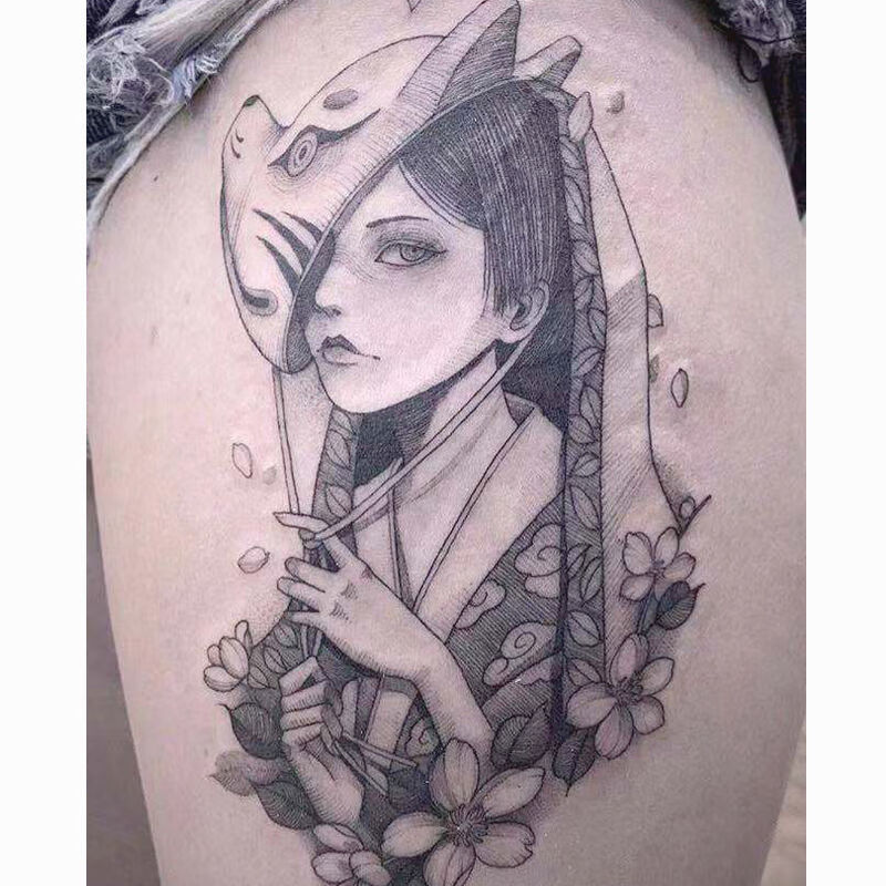 花臂般若面具艺纹身贴纸防水女仿真性感日系网红潮 角艺伎-1张【图片