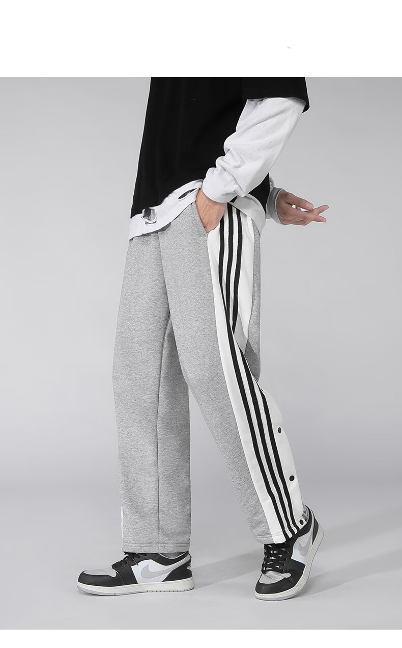 排扣裤男潮流全开扣束脚侧排篮球训练裤纽扣裤运动裤休闲宽松黑色3xl