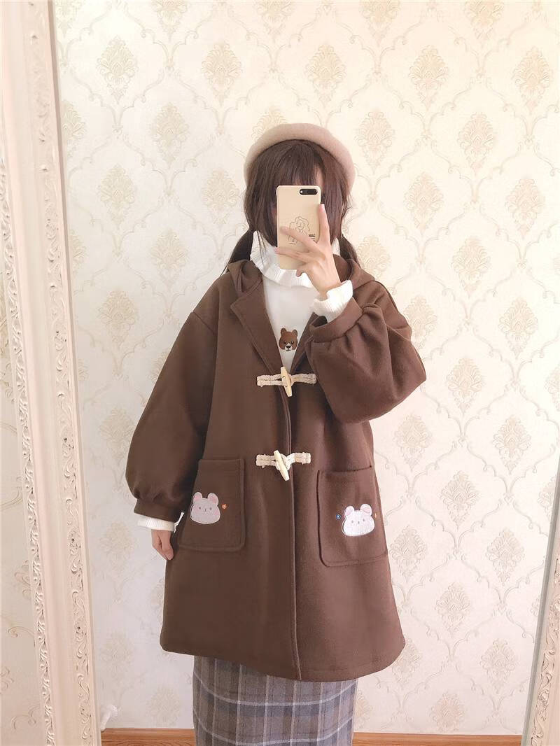 牛角扣大衣女秋冬日系可爱灯笼袖宽松中长款夹棉外套女毛呢子冬季保暖