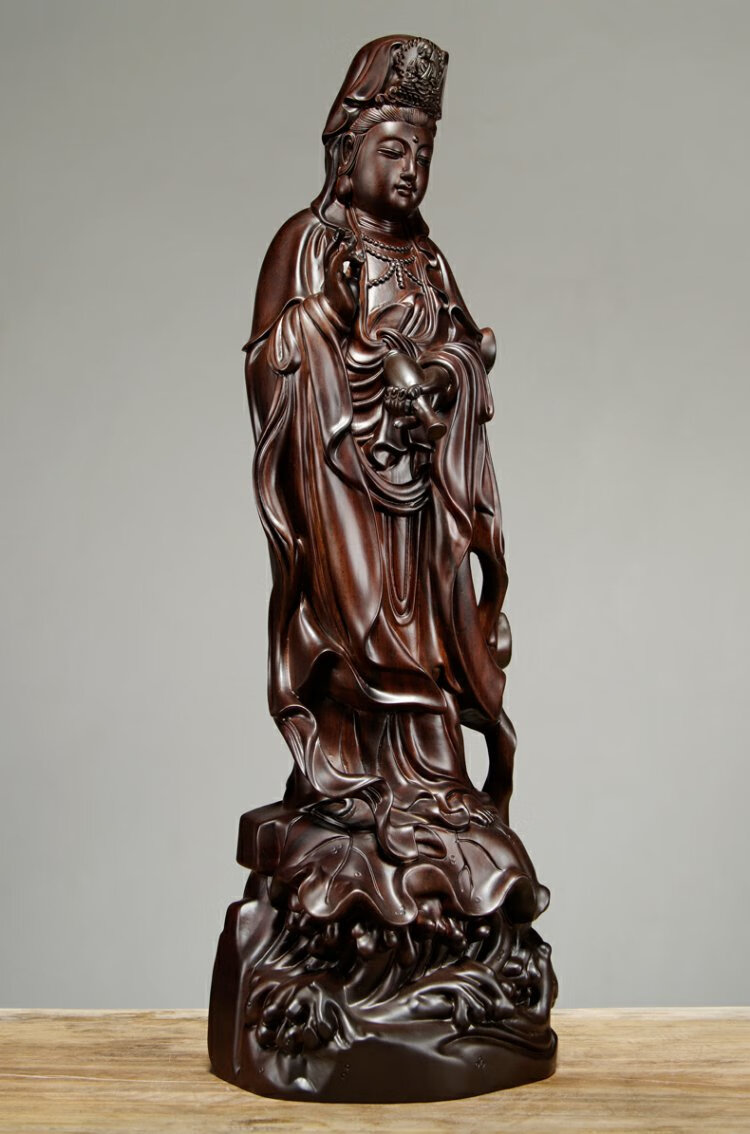 唐砖黑檀木雕观音佛像摆件实木雕刻观世音菩萨红木质家居家用店铺公司