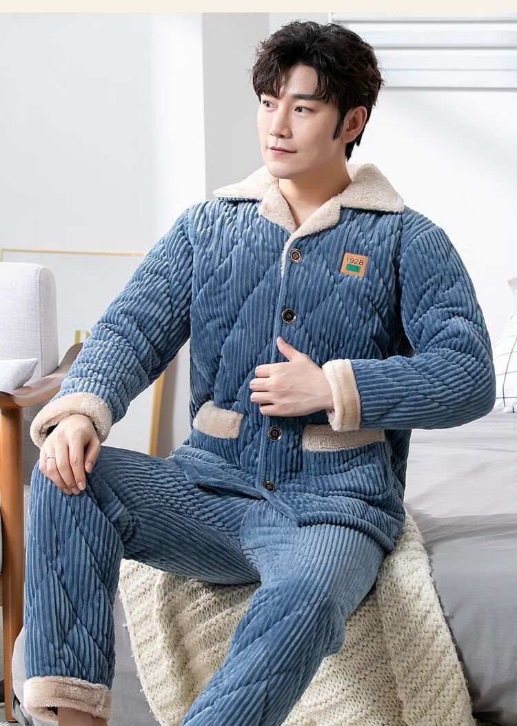 棉睡衣男加厚加绒居家服冬季男士睡衣冬季三层绒夹棉保暖法兰绒棉袄