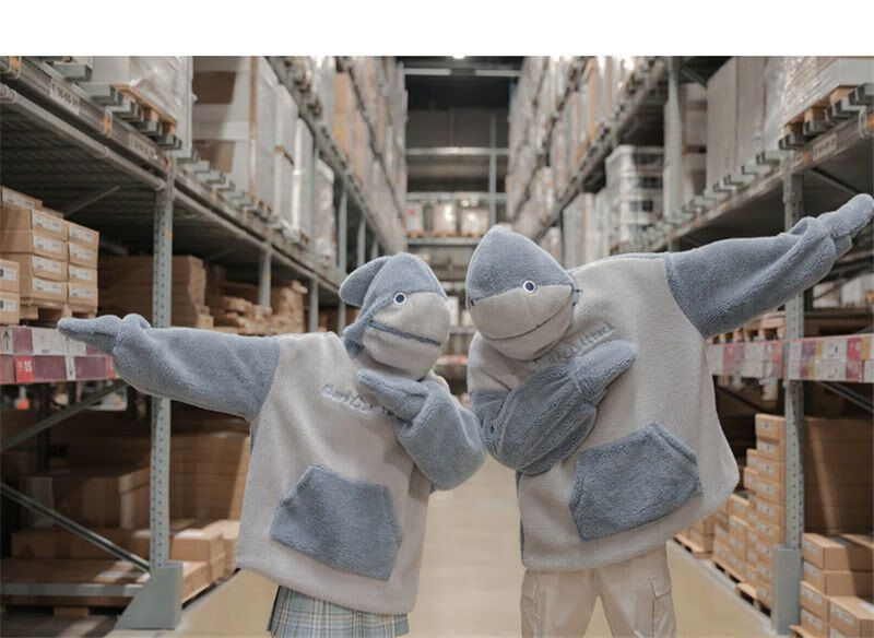 自闭鲨鱼秋冬加厚毛绒设计感小众卫衣新款情侣装外套潮家居服蓝色s