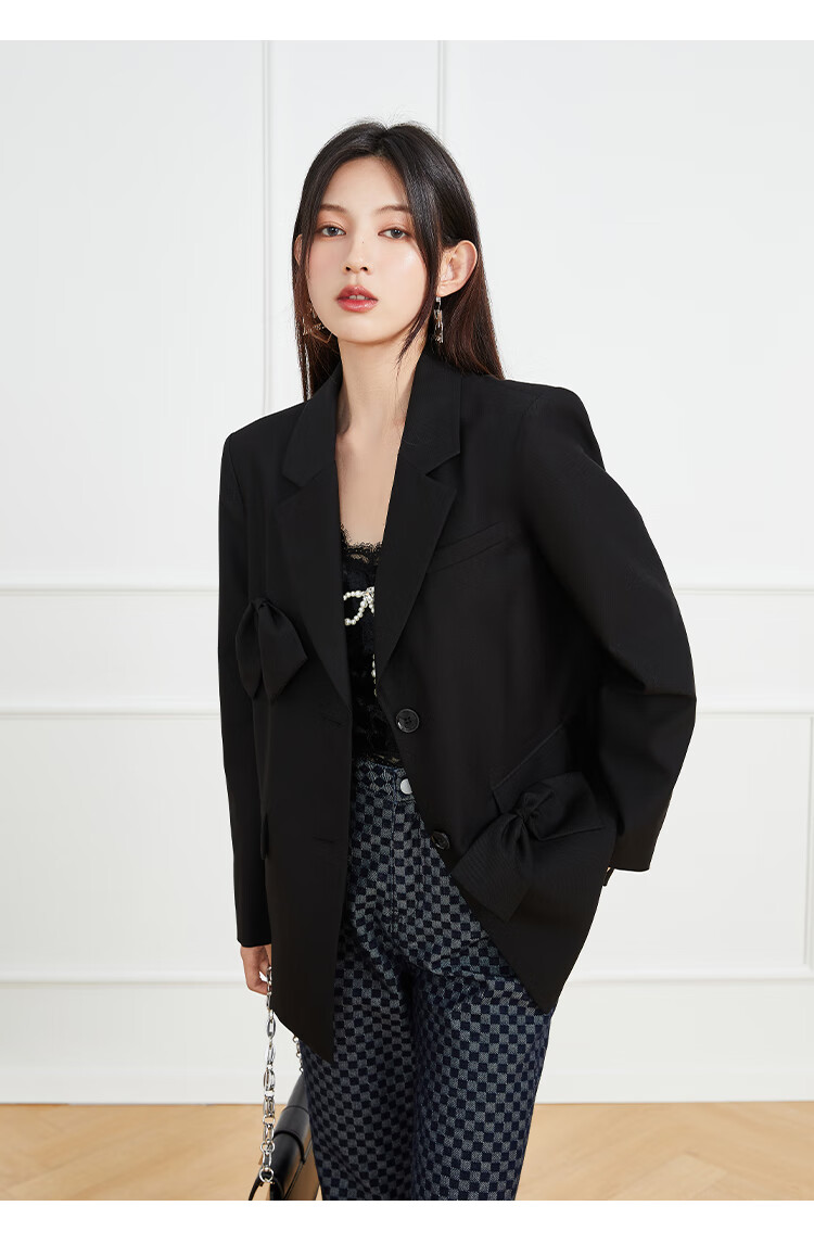 onemore2021秋装新款西装外套女蝴蝶结小西装外套宽松黑色西服女杏色