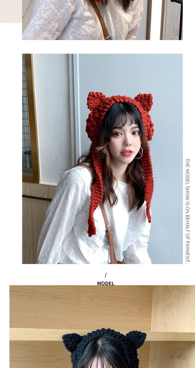 熹卡龙新品针织耳罩猫耳朵针织毛线帽女秋冬天甜美可爱韩版头饰冬季