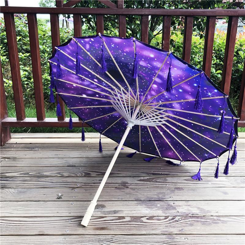 qiced新品油纸伞女子配汉服的伞油纸伞古装防雨飘带古风流苏伞 落花蓝