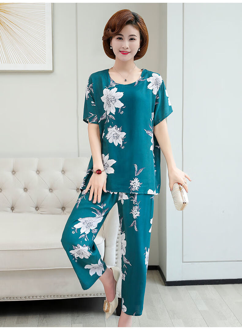 妈妈夏装女装洋气休闲套装短袖t恤中老年妈妈装4050岁绵绸两件套1号花