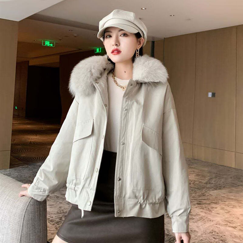 冬季休闲外套女时尚工装短款可拆卸大毛领派克服女秋冬新款加绒加厚