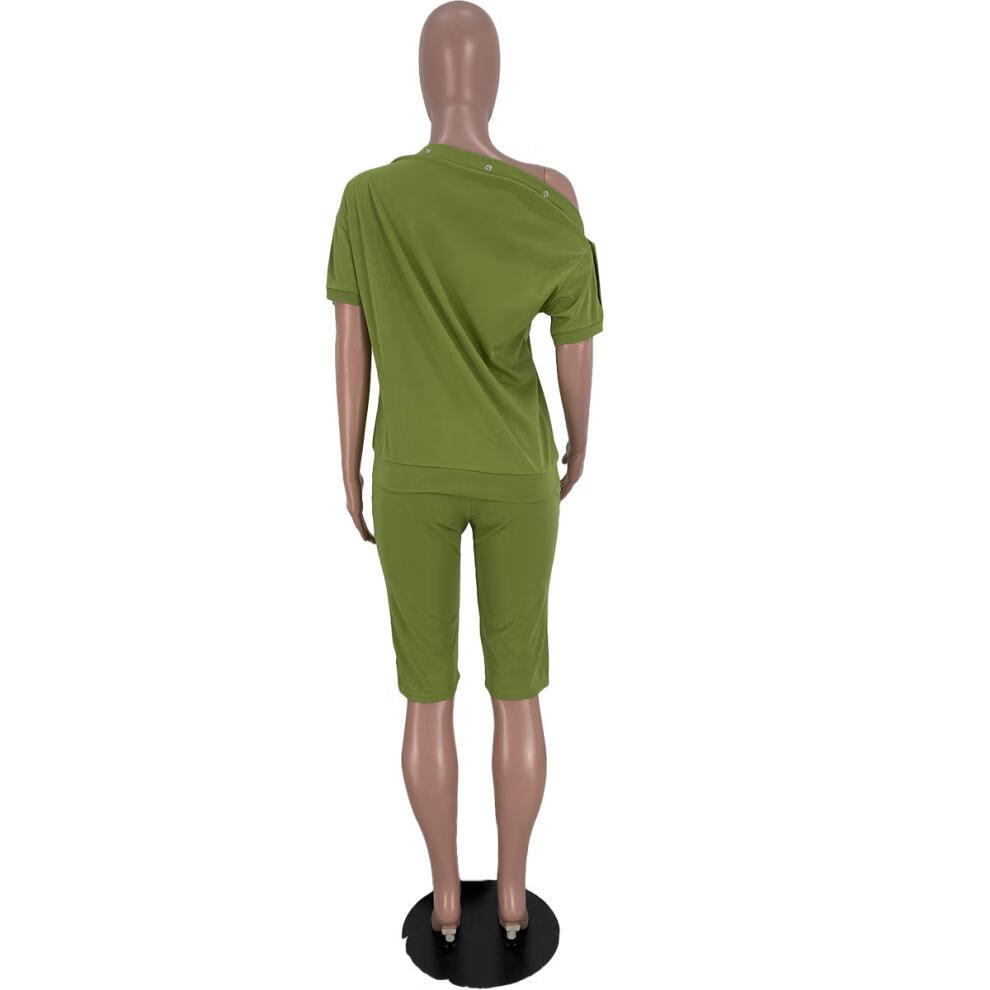 套装女独立站欧美女装时尚休闲排扣一字肩宽松短袖短裤套装 军绿色-3